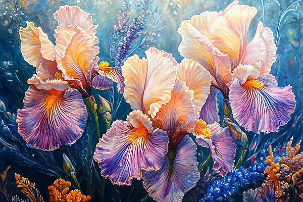 Gemälde von Blumen mit gelben und violetten Blütenblättern Gemälde von Blumen mit gelben und violetten Blütenblättern