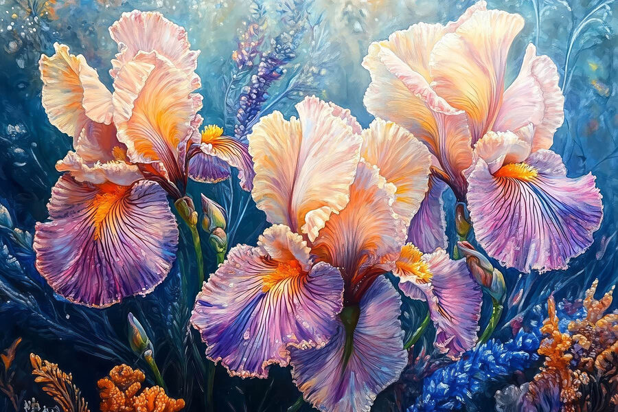 Gemälde von Blumen mit gelben und violetten Blütenblättern