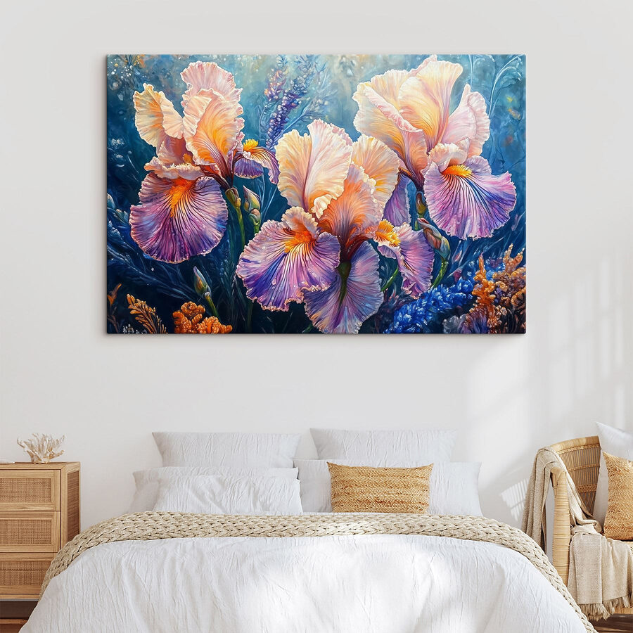 Gemälde von Blumen mit gelben und violetten Blütenblättern