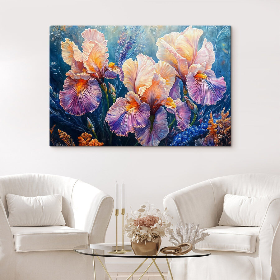 Gemälde von Blumen mit gelben und violetten Blütenblättern