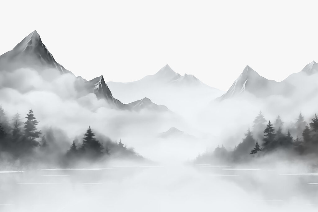 Foggy mountain landscape with trees and mountains