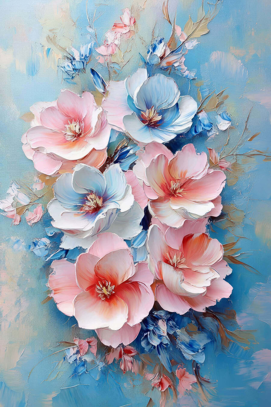 Malerei von Blumen auf einer blauen Fläche Malerei von Blumen auf einer blauen Fläche