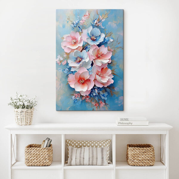 Malerei von Blumen auf einer blauen Fläche Malerei von Blumen auf einer blauen Fläche