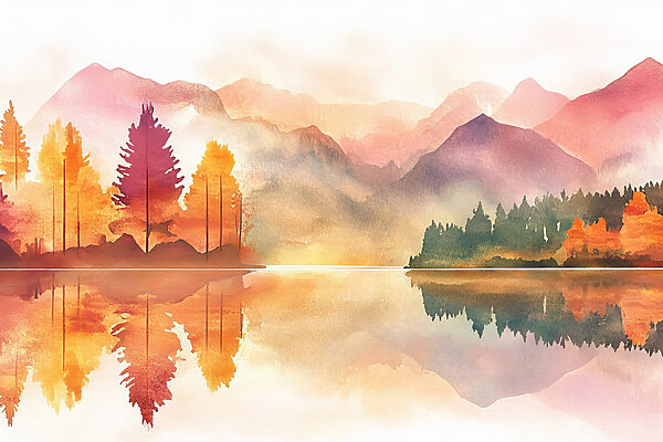 Aquarellmalerei eines Sees mit Bäumen und Bergen im Hintergrund Aquarellmalerei eines Sees mit Bäumen und Bergen im Hintergrund