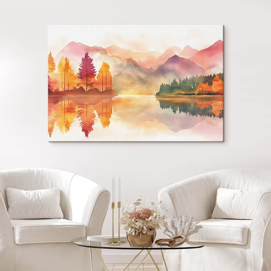Aquarellmalerei eines Sees mit Bäumen und Bergen im Hintergrund