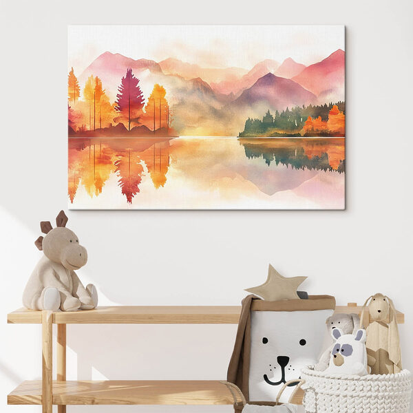 Aquarellmalerei eines Sees mit Bäumen und Bergen im Hintergrund Aquarellmalerei eines Sees mit Bäumen und Bergen im Hintergrund