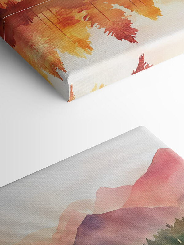 Aquarellmalerei eines Sees mit Bäumen und Bergen im Hintergrund Aquarellmalerei eines Sees mit Bäumen und Bergen im Hintergrund