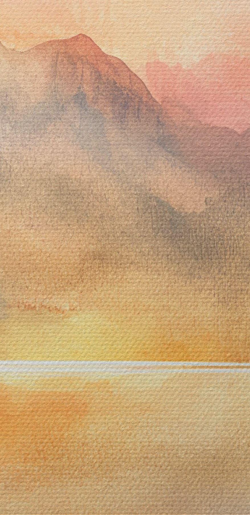 Aquarellmalerei eines Sees mit Bäumen und Bergen im Hintergrund