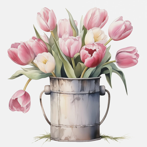 Gemälde von rosa Tulpen in einem Metalleimer Gemälde von rosa Tulpen in einem Metalleimer