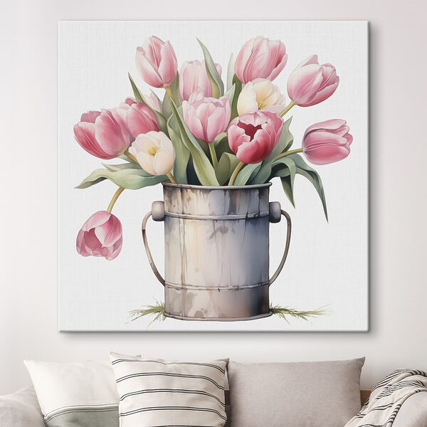 Gemälde von rosa Tulpen in einem Metalleimer Gemälde von rosa Tulpen in einem Metalleimer