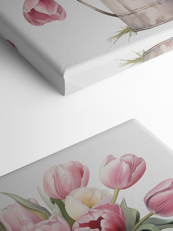 Gemälde von rosa Tulpen in einem Metalleimer Gemälde von rosa Tulpen in einem Metalleimer