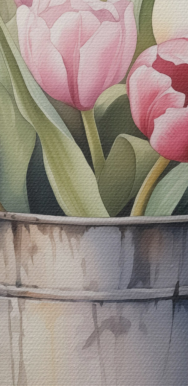 Gemälde von rosa Tulpen in einem Metalleimer Gemälde von rosa Tulpen in einem Metalleimer