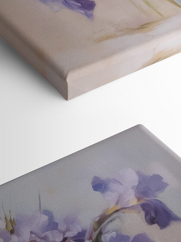 Painting of purple flowers in a vase