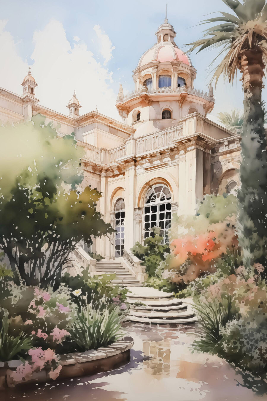 Aquarellmalerei eines Gebäudes mit Turm und Treppe