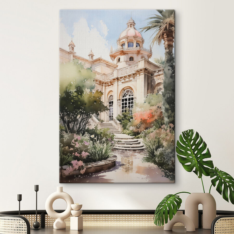 Aquarellmalerei eines Gebäudes mit Turm und Treppe