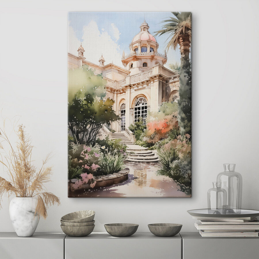 Aquarellmalerei eines Gebäudes mit Turm und Treppe