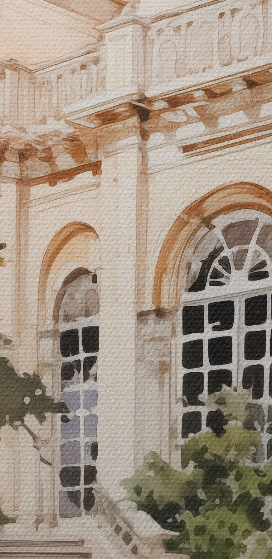 Aquarellmalerei eines Gebäudes mit Turm und Treppe