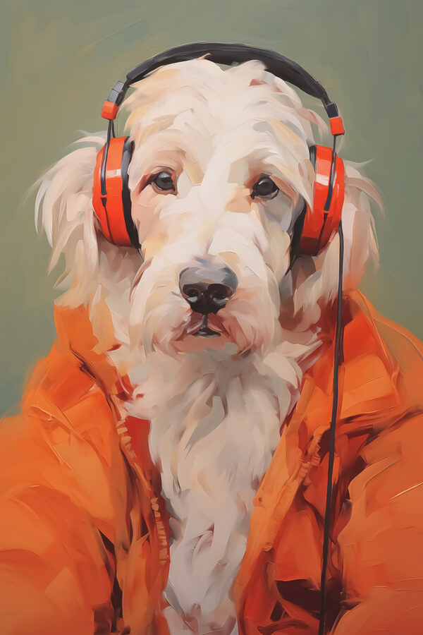Dog wearing orange headphones Dog wearing orange headphones