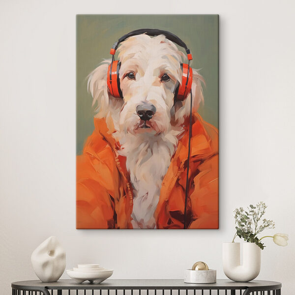 Dog wearing orange headphones Dog wearing orange headphones
