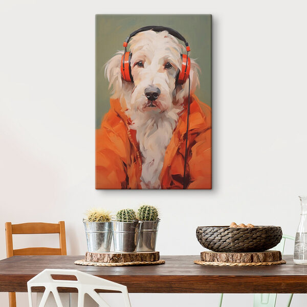 Dog wearing orange headphones Dog wearing orange headphones
