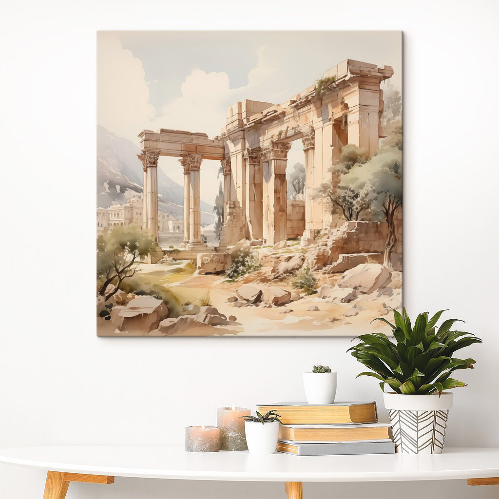 Painting of a stone building with columns