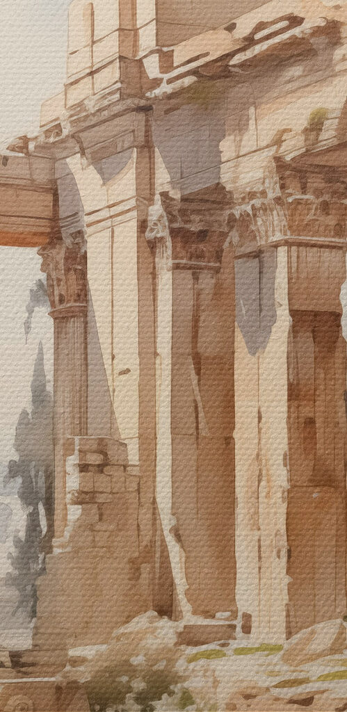 Painting of a stone building with columns