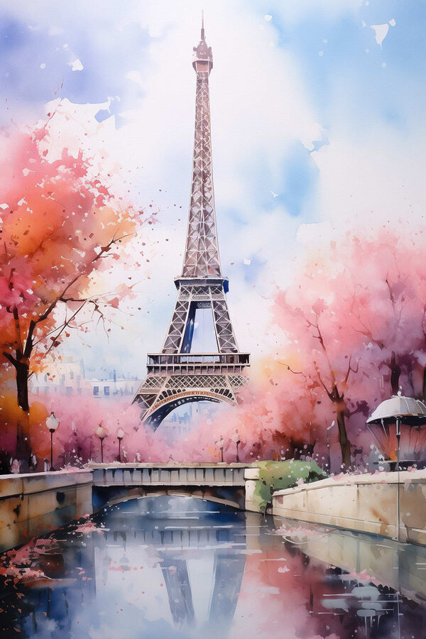 Aquarellmalerei eines Turms mit rosa Blumen und einer Brücke Aquarellmalerei eines Turms mit rosa Blumen und einer Brücke