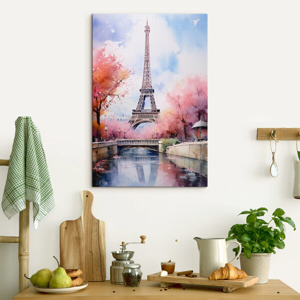 Aquarellmalerei eines Turms mit rosa Blumen und einer Brücke Aquarellmalerei eines Turms mit rosa Blumen und einer Brücke