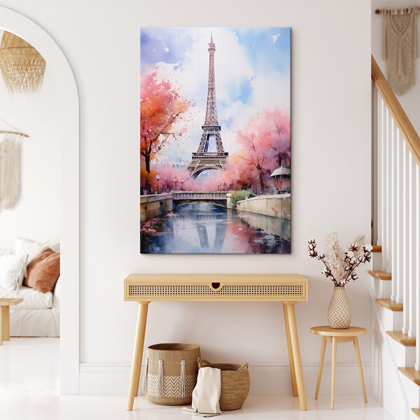 Aquarellmalerei eines Turms mit rosa Blumen und einer Brücke Aquarellmalerei eines Turms mit rosa Blumen und einer Brücke