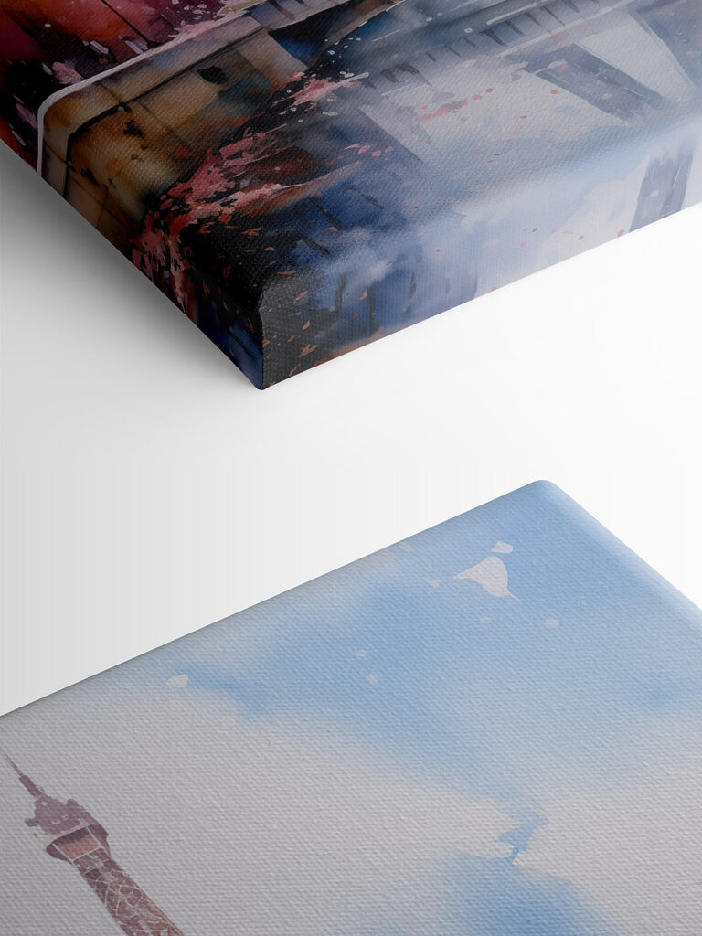 Watercolor painting of a tower with pink flowers and a bridge