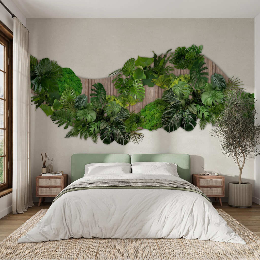 Group of green leaves on a wooden surface