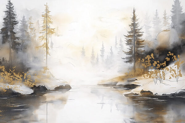 Aquarellmalerei eines Flusses mit Bäumen und Nebel Aquarellmalerei eines Flusses mit Bäumen und Nebel