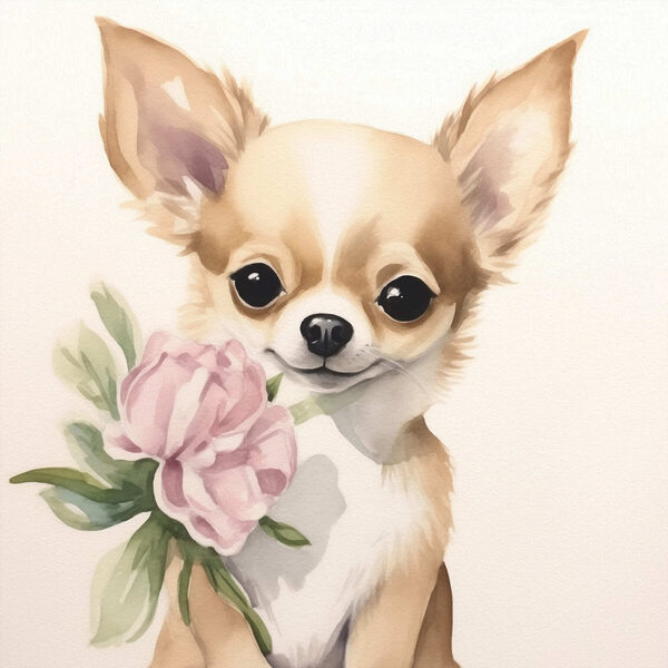 Gemälde eines Hundes, der eine Blume hält Gemälde eines Hundes, der eine Blume hält