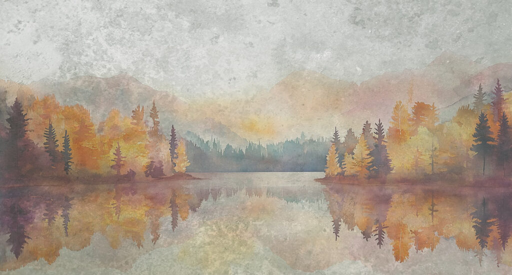 Aquarellmalerei eines Sees mit Bäumen und Bergen Aquarellmalerei eines Sees mit Bäumen und Bergen