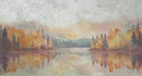 Aquarellmalerei eines Sees mit Bäumen und Bergen Aquarellmalerei eines Sees mit Bäumen und Bergen