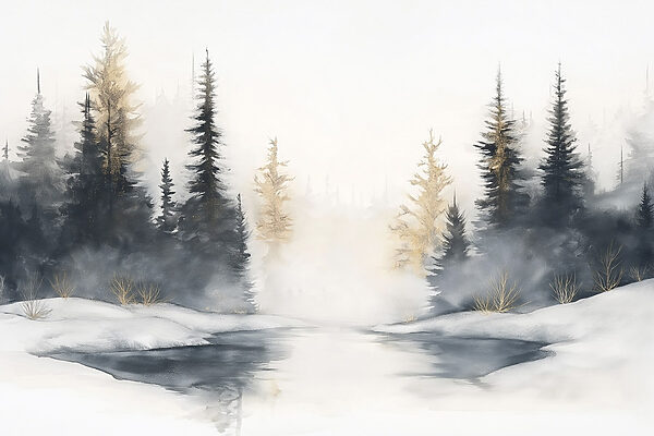 Aquarellmalerei eines verschneiten Waldes Aquarellmalerei eines verschneiten Waldes