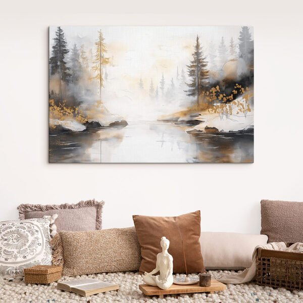 Aquarellmalerei eines Flusses mit Bäumen und Nebel Aquarellmalerei eines Flusses mit Bäumen und Nebel