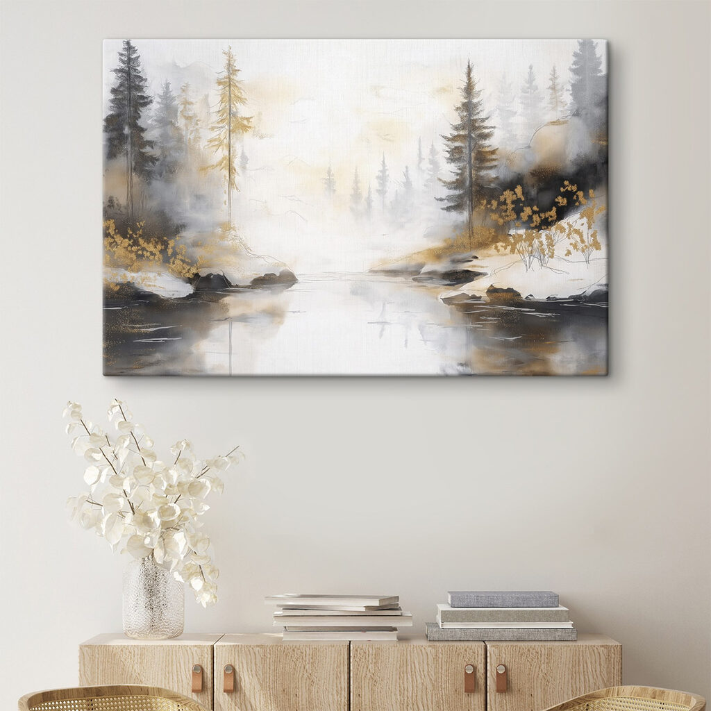 Watercolor painting of a river with trees and fog