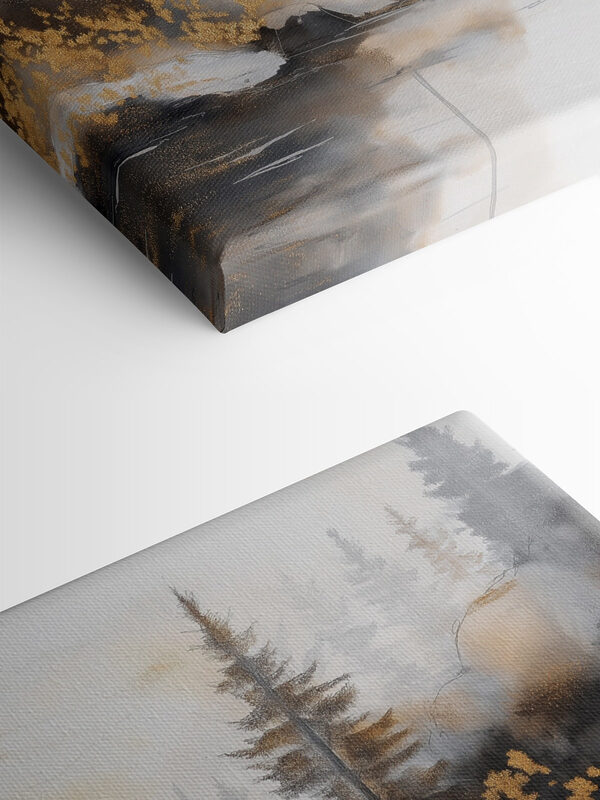 Aquarellmalerei eines Flusses mit Bäumen und Nebel Aquarellmalerei eines Flusses mit Bäumen und Nebel