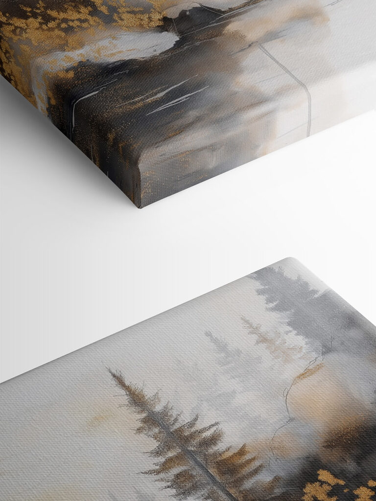 Watercolor painting of a river with trees and fog