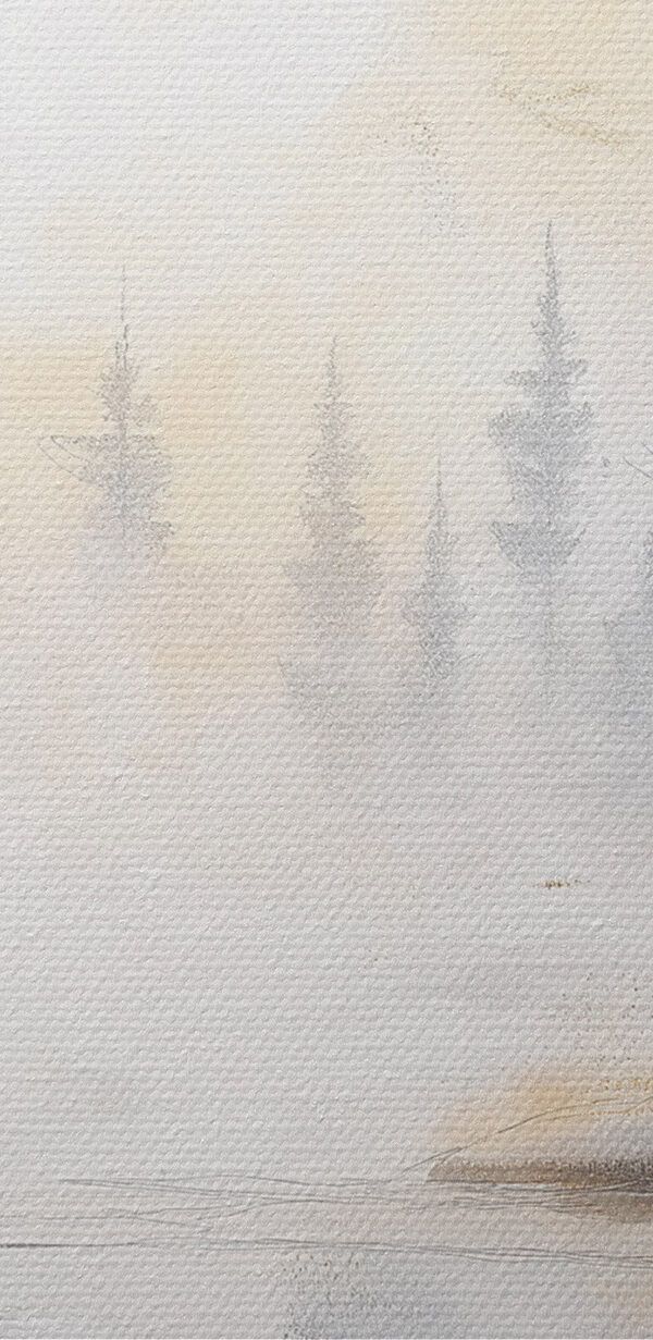 Aquarellmalerei eines Flusses mit Bäumen und Nebel Aquarellmalerei eines Flusses mit Bäumen und Nebel