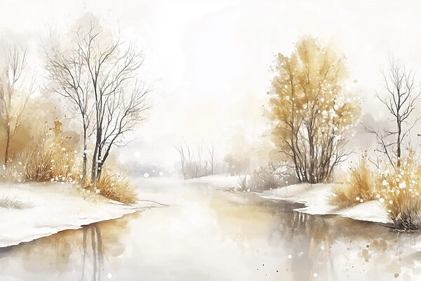 Aquarell eines Flusses mit Bäumen, Gras und Schnee Aquarell eines Flusses mit Bäumen, Gras und Schnee