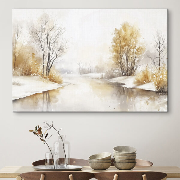 Aquarell eines Flusses mit Bäumen, Gras und Schnee Aquarell eines Flusses mit Bäumen, Gras und Schnee