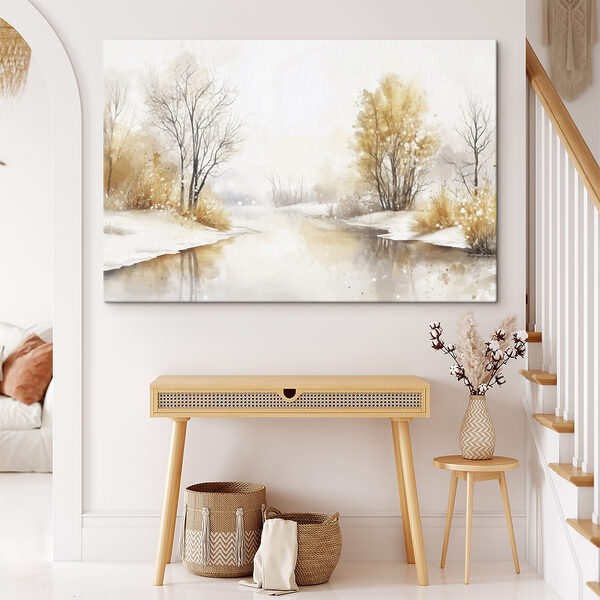 Aquarell eines Flusses mit Bäumen, Gras und Schnee Aquarell eines Flusses mit Bäumen, Gras und Schnee