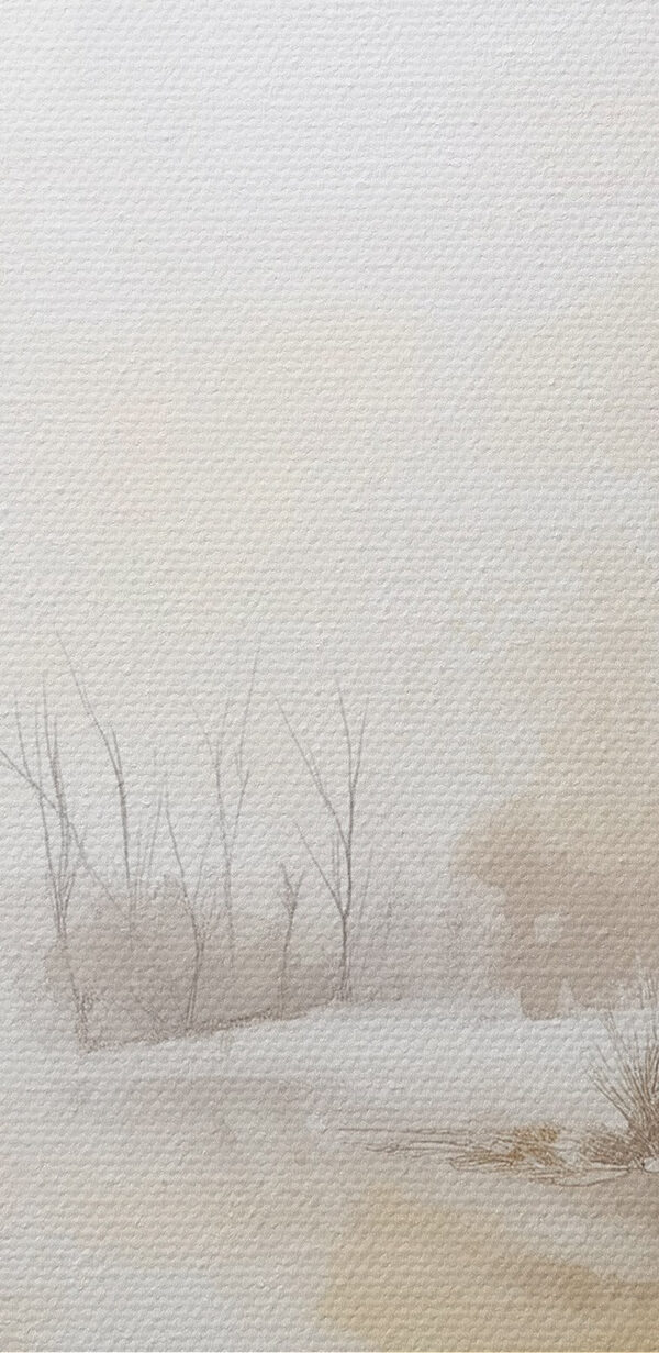 Aquarell eines Flusses mit Bäumen, Gras und Schnee Aquarell eines Flusses mit Bäumen, Gras und Schnee