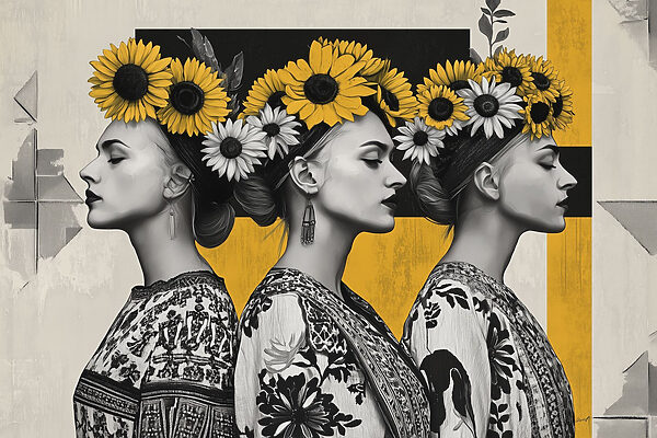 Gruppe von Frauen mit Sonnenblumen in ihren Haaren Gruppe von Frauen mit Sonnenblumen in ihren Haaren