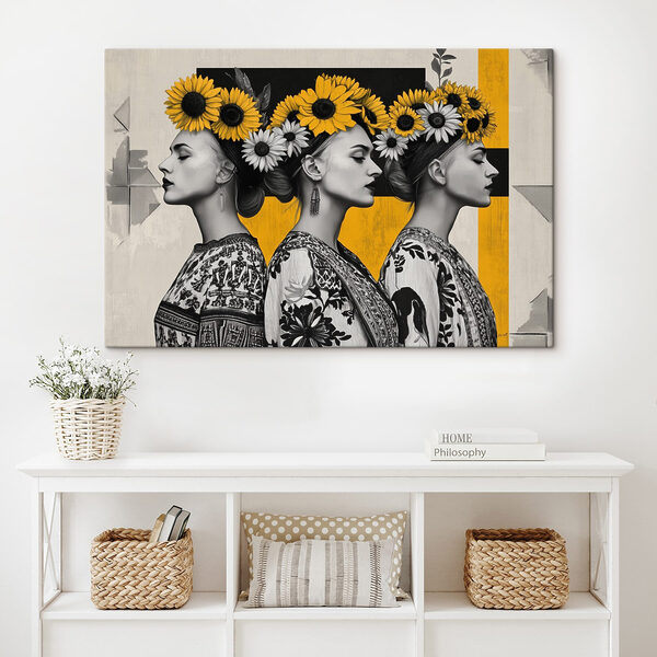 Gruppe von Frauen mit Sonnenblumen in ihren Haaren Gruppe von Frauen mit Sonnenblumen in ihren Haaren