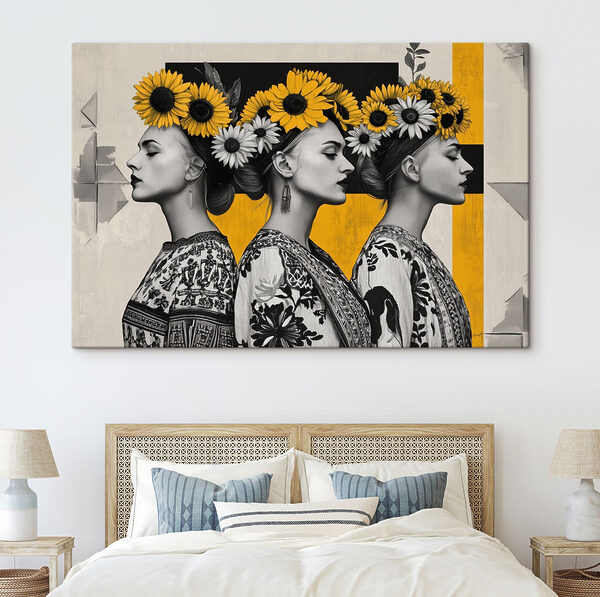 Gruppe von Frauen mit Sonnenblumen in ihren Haaren Gruppe von Frauen mit Sonnenblumen in ihren Haaren