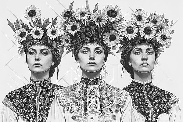Gruppe von Frauen mit Blumen auf dem Kopf Gruppe von Frauen mit Blumen auf dem Kopf