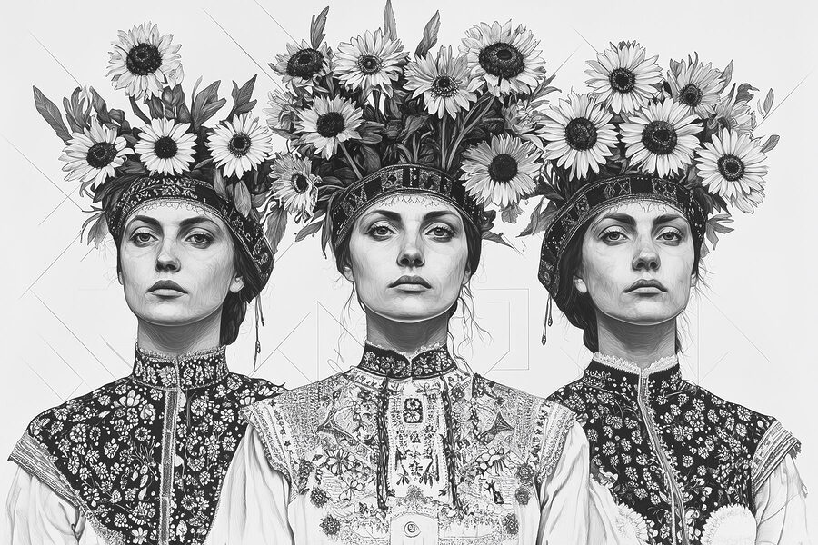Gruppe von Frauen mit Blumen auf dem Kopf Gruppe von Frauen mit Blumen auf dem Kopf